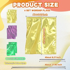Baisdan 6pcs 26"x21" Worship Flags for Kids, Beginner Praise Dance Flags for Worship, Church Flag with Telescopic Rod, 6pack, Green+Gold+Purple
