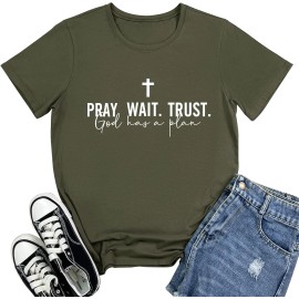 Women Pray Wait Trust Soft Sleeveless Crew Neck Cute Graphic T-ShirtsColor: Green, Size: 3 XL