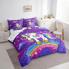 Feelyou Unicorn Bed Set for Kids Girls Twin Size Girls Cute Unicorn 7 Pieces Beeding Set Ultra Soft Star Print Bed in a Bag with Comforter, Sheets, Pillowcases Room Decor Cute Animal