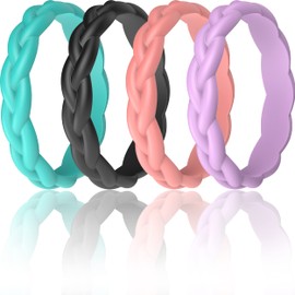 ThunderFit Silicone Wedding Bands for Women, Thin Braided Design 3.3mm Wide 1.8mm Thick - 1/4/7/8 Variety Multipack (Teal, Black, Light Red, Light Purple - Size 7.5-8 (18.2mm))