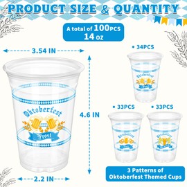 QZYL 100 PCS Oktoberfest Decorations, 14 OZ Blue White Checkered Cup, Disposable Oktoberfest Plastic Cups, 3 Designs Beer Festival Cold Hot Water Drinking Cups for Party Carnival Supplies
