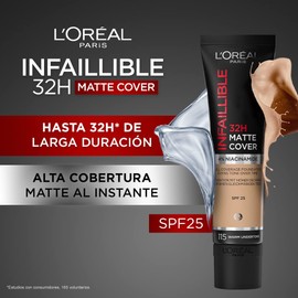 L'Oréal Paris, Infallible 32h Matte Cover, Base de maquillaje mate alta cobertura larga duración con skincare 4% Niacinamida, Anti-Imperfecciones, Tono 115 Warm, 30ml
