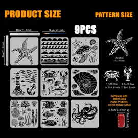 FINGERINSPIRE 9 Pcs Summer Ocean Painting Stencil with Brush 30x30cm Sea Waves Drawing Template Fish Shells Lighthouse Turtle Octopus Corals Stencil for Painting on Wood Wall Fabric Furniture