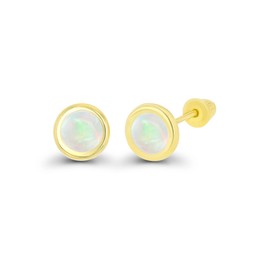 Solid 14K Yellow Gold 5mm Round Natural Opal October Birthstone Bezel Screw Back Stud Earrings