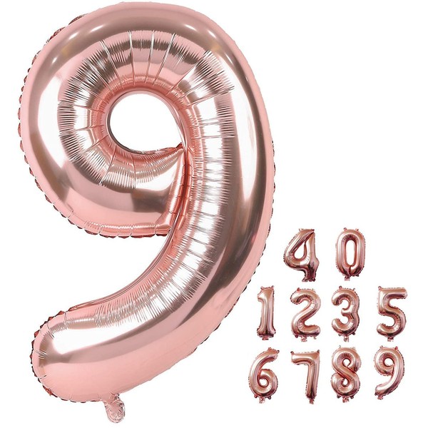 Number Balloons 40 Inch 0-9 Number Balloons Birthday Balloons Number Solid Color Aluminum Balloons Birthday Balloons Large Decoration Supplies Balloons Party Supplies Wedding Anniversary (Number 9, Rose Gold)