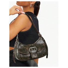 OYOANGLE Women's Leather Buckled Flap Shoulder Bags Y2K Punk Adjustable Strap Zipper Handbags Clutch Hobo Bag, Brown, One Size
