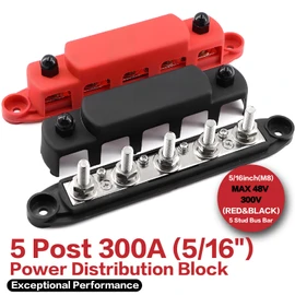 Tuijodaix 300A Bus Bar 5 Post 12V-48V DC Power Distribution Block,5 * 5/16"(M8) Battery Terminal Studs with Cover and Wire Lugs for Wiring,Automotive,Marine,Battery busbar (Red&Black)