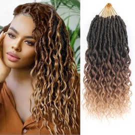 Short Ombre Deep Faux Locs Crochet Hair for Black Women-8 Packs 12 Inch Pre Looped Goddess Locs With Deep Wave Curly Ends Prelooped Synthetic Crochet Braids,Lightweight& Natural(12",T1B/30/27#)