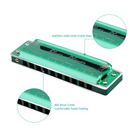 East top Upgrade Diatonic Blues Harmonica Key of C, 10 Hole Diatonic Blues Harp Mouth Organ Harmonica, Advanced PR020 Harmonicas For Adults, Professionals and Students(Green)