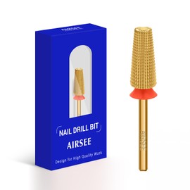 AIRSEE Tungsten Carbide 5 in 1 Acrylic Nail Drill Bit Efile Electric File Machine Head Tip for Manicure Polishing Fast Remove Gel 3/32" Shank 2 Way Professional Tech Use Gold TiN Fine-F+XF+2XF