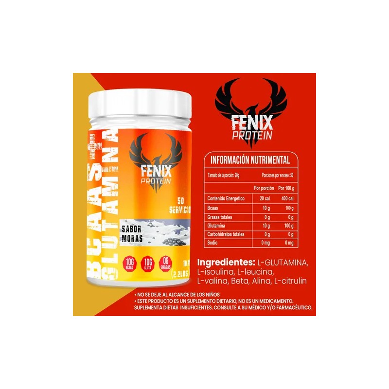 Fenix Protein Bcaas Glutamina 1kg 50servicios
