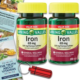 Spring Valley Iron Tablets Dietary Supplement Value Size, 65 mg, 200 Count 2 Pack Bundle (400 Total) + The Truth About Vitamins Guide and Pill Container (4 Items)