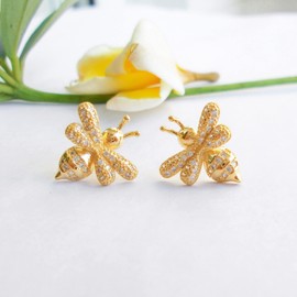 Hiqmic 925 Sterling Silver Post Cute Bee Earrings Animal Ear Stud Piercing Fashion Zirconia White Gold Plated Jewellery Gift, WA90054-Gold