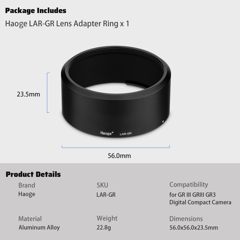 Haoge LAR-GR Lens Filter Adapter Ring for Ricoh Ricoh GR