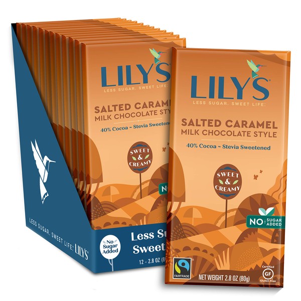 Salted Caramel Milk Chocolate Bar by Lily's | Stevia Sweetened, No Added Sugar, Low-Carb, Keto Friendly | 40% Cocoa | Fair Trade, Gluten-Free & Non-GMO | 3 ounce, 12-Pack