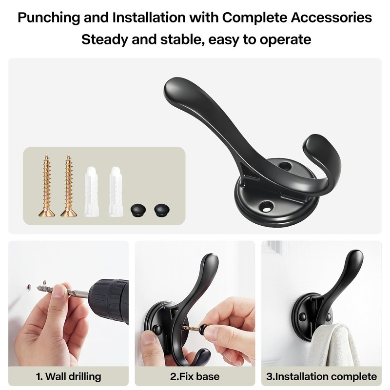 Ruiziiz Black Towel Hook 6 Pack Coat Robe Hook Heavy