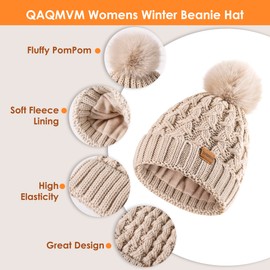 Women Winter Beanie Hat Scarf Gloves Set Pom Hat with Warm Fleece Lined Long Knit Scarf Touchscreen Gloves for Cold Weather Beige