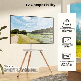PUTORSEN Easel TV-Stand for 43-65-Inch Screens - Portable Swivel Tripod TV Stand with Wooden Tray, Height Adjustable TV Floor Stand, Max Load 77 lbs, Max VESA 400x400 mm, White