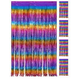 PVEGOS 4PCs 3.3 x 8.3 ft Rainbow Glitter Tinsel Curtains Foil Curtain Backdrop,Luminescent Particles Foil Fun Fringe Streamers for Party Birthday Decoration,Engagement,School Events