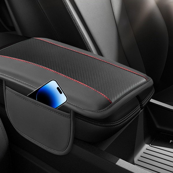 DUSCOKE Car Center Console Cover, Carbon Fiber Leather Car Armrest