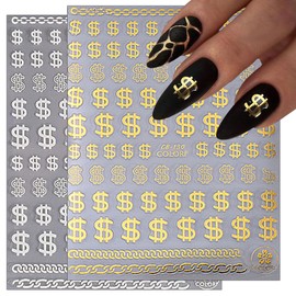4 Sheets Dollar Nail Stickers for Nail Art 3D Self-Adhesive Dollar Nail Art Stickers Black White Silver Gold Dollar Nail Decals Design Supplies for Women DIY Nail Decoration