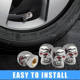 QILISEN Skull Tire Valve Caps 4 Pack, Plastic & Antirust Brass Core Valve Stem Covers, Universal Tire Air Cap for Cars, SUVs and Trucks