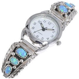 Navajo Ladies Blue Opal Silver Watch Traditional Sterling Design 0812