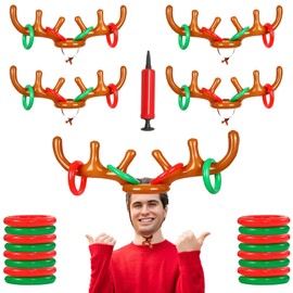 4 Pack Inflatable Reindeer Antler Ring Toss Game, Reindeer Ring Toss Game for Christmas Party, Family, Christmas Decoration, Xmas Fun Amusements (4 Antlers 16 Rings 1 Pump)