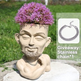 COMODID Beefcake Face Planter Pots Head Planter Man Face Planters Pot Head Face Flower Pot Head Planter with Drainage Hole Mscular Man(Khaki)