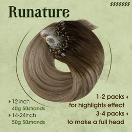 RUNATURE Microring Real Hair Extensions Balayage Brown Blonde 60 cm Hair Extensions Real Hair Micro Ring Balayage Brown Ombre Blonde Long Real Hair Extensions Micro Ring 1 g 50s #3/8/22