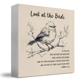JUIOEIU Christian Desk Decor, Vintage Sparrow Bird Matthew 6:26 Bible Verse Wooden Box Sign, Religious Scripture Wood Block Box for Home Office Desk Shelf Tabletop Decor, 5x5 Inch