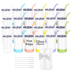 Kids Sublimation Tumbler 12 oz Blanks Bulk Cups Stainless Steel Double Wall Vacuum Insulated with Lid and Straw Nozzle Silicone Cover Gifts for Heat Press Transfer White 24 Pack