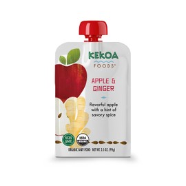 Kekoa Foods Apple & Ginger Baby Food Purée | 100% USDA Certified-Organic, No Sugar Added | Organic, Non-GMO, Gluten-Free, Vegan | Mild Ginger for Flavor Development | 3.5 oz Squeeze Pouch