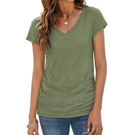 Sherosa Cotton Tshirts for Women V Neckline Summer Short Sleeve Tops Simple Graphic Tshirts Olive Green,S