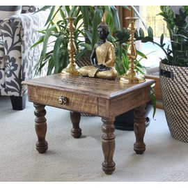 DharmaObjects Solid Mango Wood Hand Carved Puja Shrine Altar Meditation Table (Flower of Life) Large