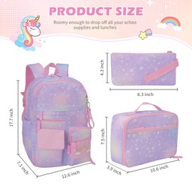 WQKMI Girl Backpack 3Pcs Sets,Cute Rainbow School Backpack Set for Girl Kid with Lunch Bag Pencil Case, Kawaii Girls Elementary School Bookbag for Teen Girls Children Students, Fantasy Purple