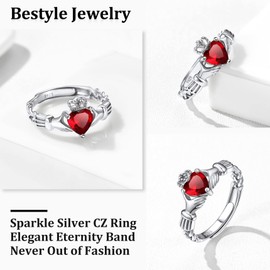 Bestyle Silver Love Heart Cut Red Gemstone Birthstone Ring Shiny Cubic Zirconia Celtic Claddagh Band Rings, Brilliant Created July Ruby CZ Birthstone Rings for Women Girls, Promise/Statement Ring