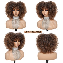 Charming cascade Afro Curly Wig with Bangs, 11 Inch Voluminous Natural Curly Synthetic Fiber Glueless Curly Bob Wigs for Black Women Fluffy Ready to Go Ombre Brown