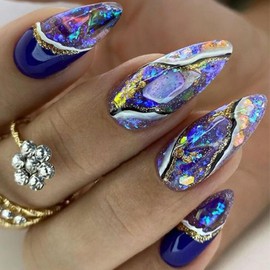 Medium Press on Nails Almond Fake Nails Blue Amber False Nails with Gold Glitter Line Designs Full Cover Stick on Nails Exquisite Blue Purple Stick on Nails for Women Girls Manicure Decoration