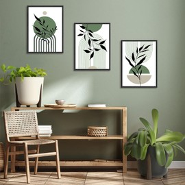 NymphFable A3 Unframed Boho Canvas Wall Poster Sage Green Geometric Line Prints, Abstract Minimalist Wall Decor Poster for Bedroom Living Room Set of 3