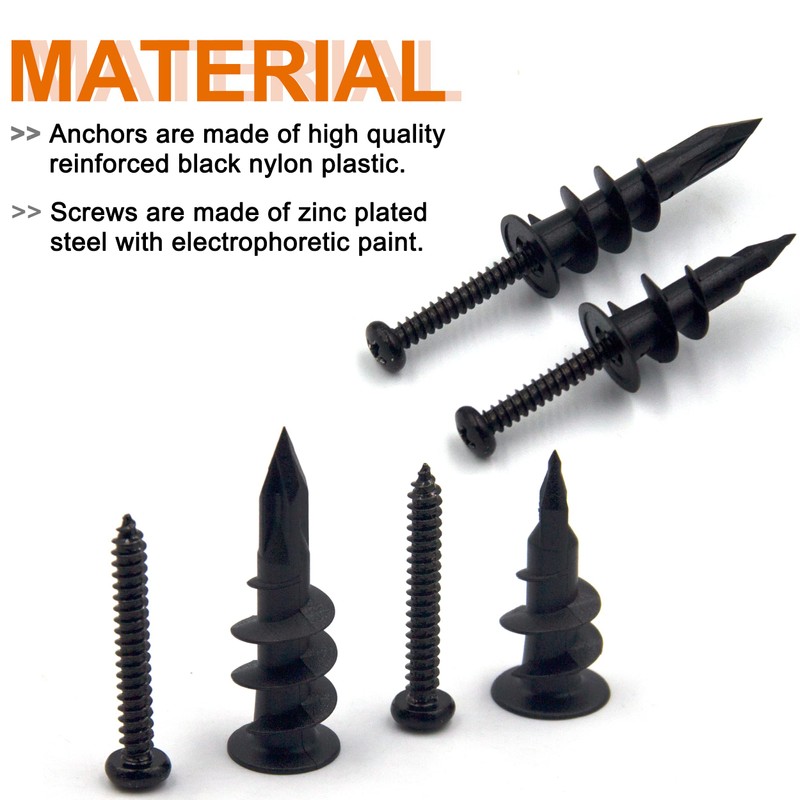ISPINNER 60pcs #6#8 Black Self Drilling Plastic Drywall Anchors with