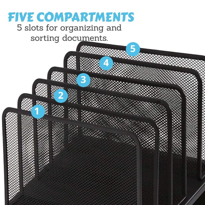 1InTheOffice Metal Mesh File Organizer, Black Wire Mesh 5 Section