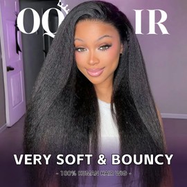 OQ Hair Kinky Straight Half Wig Human Hair Adjustable Drawstring 180% Density 3 In 1 Beginner Friendly Glueless Wear and Go Half Human Hair Wig for Women 24 Inch