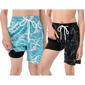 IRELIA 2 Pack Boys 2 in 1 Swim Trunks Boxer Brief Liner Compression Swimming Shorts Quick Dry Swimwear A0103 14-16