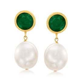 Ross-Simons 9.5-10mm Cultured Pearl and 3.50 ct. t.w. Emerald Drop Earrings in 14kt Yellow Gold
