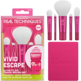 Real Techniques Vivid Escape - Juego de 6 brochas de maquillaje de viaje para sombra de ojos, corrector, contorno y rubor, incluye estuche de espejo para cosméticos, sin crueldad y vegano