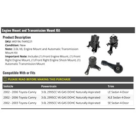 Front Engine Motor Mount and Automatic Transmission Mount Kit - 4 Piece - Compatible with 2002-2006 Toyota Camry 3.0L V6