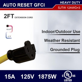 AIDA 2FT Auto Reset 12/3 Gauge SJTW Heavy Duty GFCI Extension Cord with 3 Prong Grounded Plug, 15 AMP Yellow Outdoor Extension Cable with LED Lighted, UL Listed, 1 Pack (Inline GFCI)