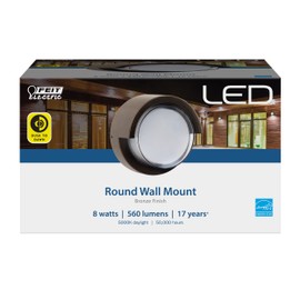 Feit Electric Outdoor LED Wall Sconce, Round Wall Mount Light Fixture, Dusk-to-Dawn, 5000K Daylight, Hardwired, Bronze Finish, Polycarbonate Lens, 50,000-Hour Lifetime, S5RWM/850/DD/BZ