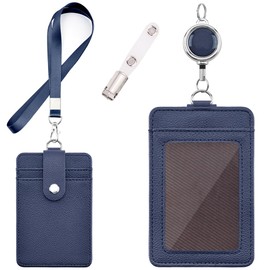 ID Card Holder - Horizontal & Vertical ID Card Case, Employee Cards, Commuter Passes, Double Sided Name Tag, Pass Case, Chest Pocket Clip & Elastic Reel with Clip Strap (Vertical Navy Blue)